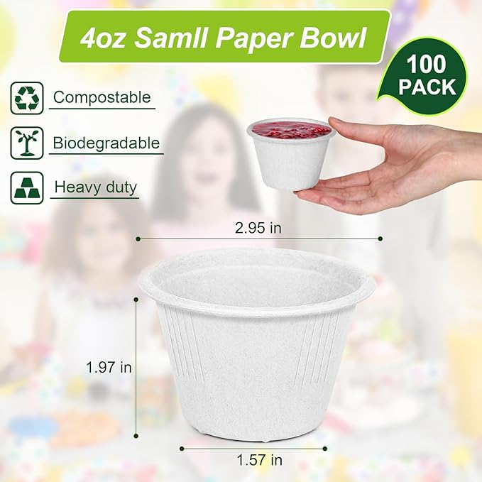 Small Paper Bowls 4 oz, 200 Pack Compostable Paper Bowls, Disposable Chili Bowl, White Bagasse Bowl for Ice Cream, Dessert, sauce