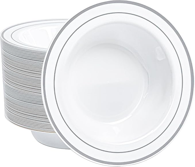 100 PCS Plastic Bowls with Silver Rim, 12oz Premium Heavy Duty Soup Bowls, Dessert and Salad Bowls for Party, Wedding and Holiday
