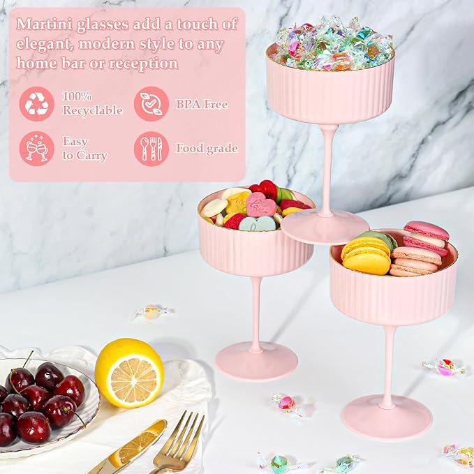 XUWAIDSGN 12 Pcs Champagne Martini Glasses 9 Oz with Gilded Removable Gold Rim Coupe Glasses Pink Martini Glasses Plastic Mimosa Vintage Coupe Glasses Set For Wedding Anniversary (12, Solid Pink)
