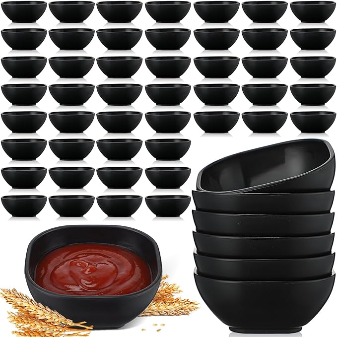Gejoy 50 Pcs Wheat Straw Dipping Saucers Bowls 4.5 oz Unbreakable Small Soy Sauce Dishes Mini Prep Cups Dessert Snack Bowls Microwave Dishwasher Safe for Side Dish, Snacks, BBQ, Ketchup(Black)