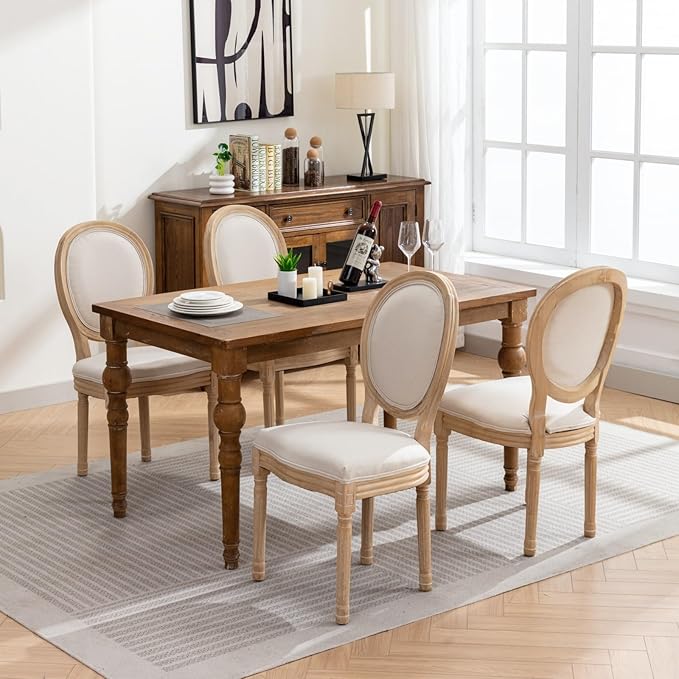 Vintage French Dining Chairs Set of 2, Round Back Accent Chairs with Linen Seat and Solid Wood Frame, Farmhouse Sillas de Comedor Upholstered for Dining Room & Kitchen, Beige