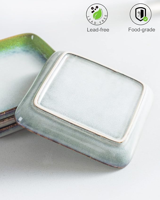 HENXFEN LEAD Small Square Ceramic Plates 6.3 Inch – Dessert, Appetizer & Snack Plates Microwave & Dishwasher Safe – Set of 4, Reactive Glaze Green