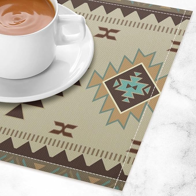 Southwestern Native Aztec Print Placemats Rustic Tribal Geometric Decorative Table Mat Antique Native Heat Resistant Place Mats for Dining Kitchen Party Holiday Decor 12x18Inch Set of 6
