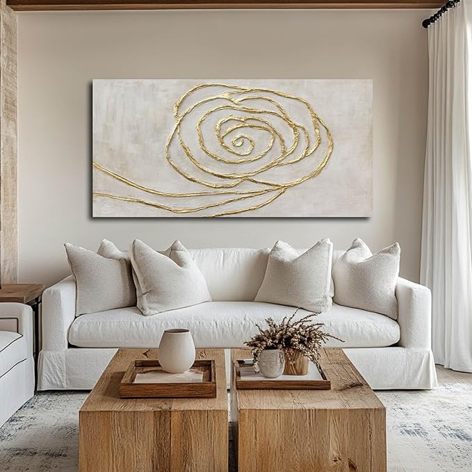 XIANSHOU Textured Wall Art Pictures Line Wall Paintings Beige and Gold Wall Decor for Walls 24"x48" Artwork for Bedroom Office Decorations