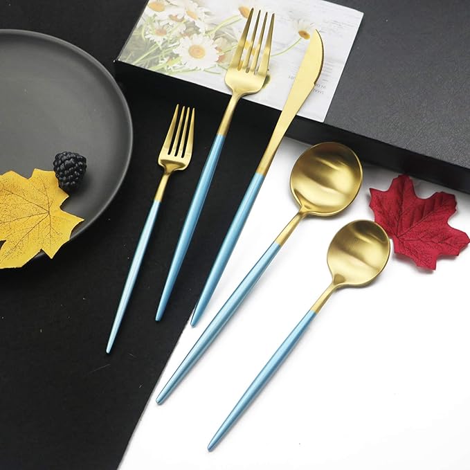 JASHII Luxury 18/10 Blue Handle Flatware Gold Silverware Set 304 Stainless Steel Flatware Cutlery Set| 20-Piece Adaline Royal Modern Satin Finish| BEST Birthday Wedding Gift (Blue Handle Matte Gold)