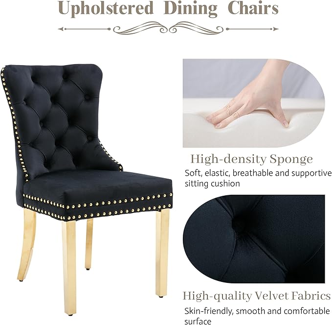 KCC Velvet Dining Chairs Set of 6, Upholstered High-end Tufted Dining Chair with Nailhead Back Ring Pull Trim Stainless Steel Legs, Contemporary Nikki Collection Modern Style for Kitchen, Black