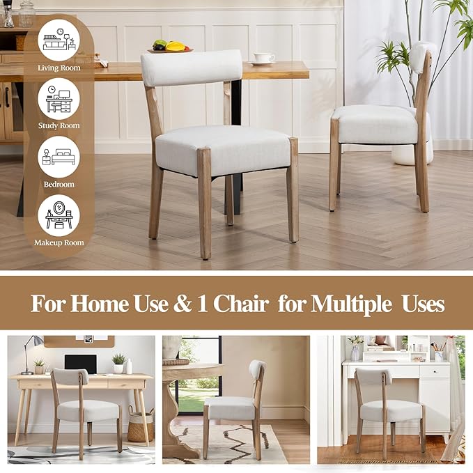 Dining Chairs,2 Pack Mid-Century Modern Wooden Kitchen Chairs with Linen Upholstery - Low-Back Woven Design for Kitchen & Dining Room,Beige Fabric