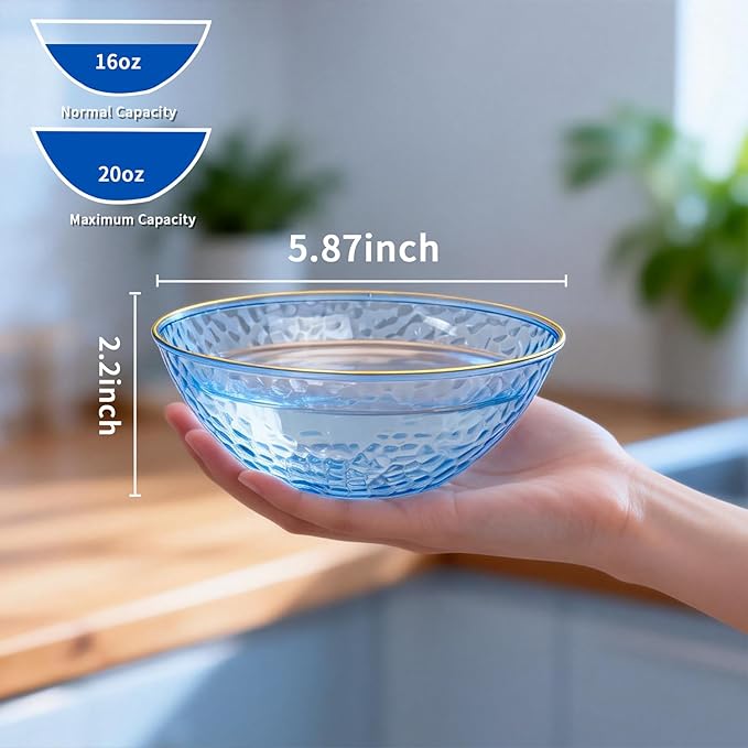 Tinybee 50 Pack Blue Plastic Bowls - Blue Disposable Bowls for Party with Gold Rim, 16-20oz Premium Hammered Bowls Disposable Heavy Duty, Plastic Salad Bowls for Milk Cereals, Snacks, Salads