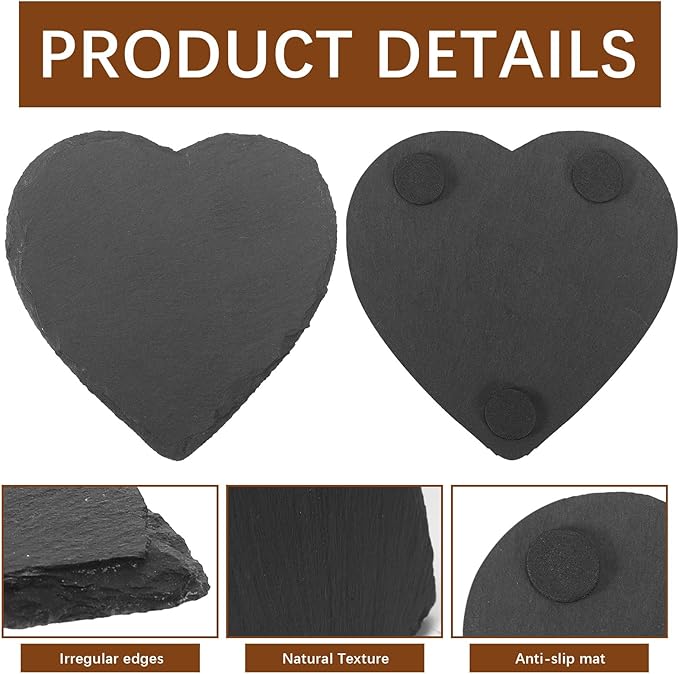12 Pcs Slate Drink Coasters Bulk,4X4 Inch Black Slate Stone Coasters for Office, Home Decor,Laser Engraving Blanks with Anti-Scratch Bottoms for Coffee Bar Kitchen Heart