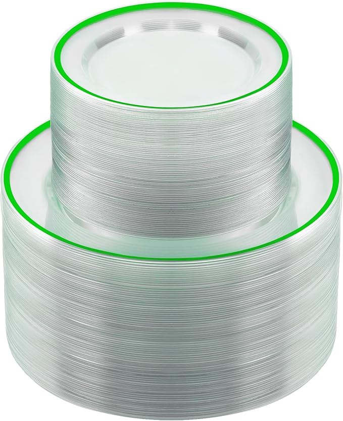BESTSTAR 200PCS Green and Clear Plastic Plates, Green Disposable Plate Set with 100 Dinner Plates and 100 Dessert Plate for Party, St. Patrick's Day