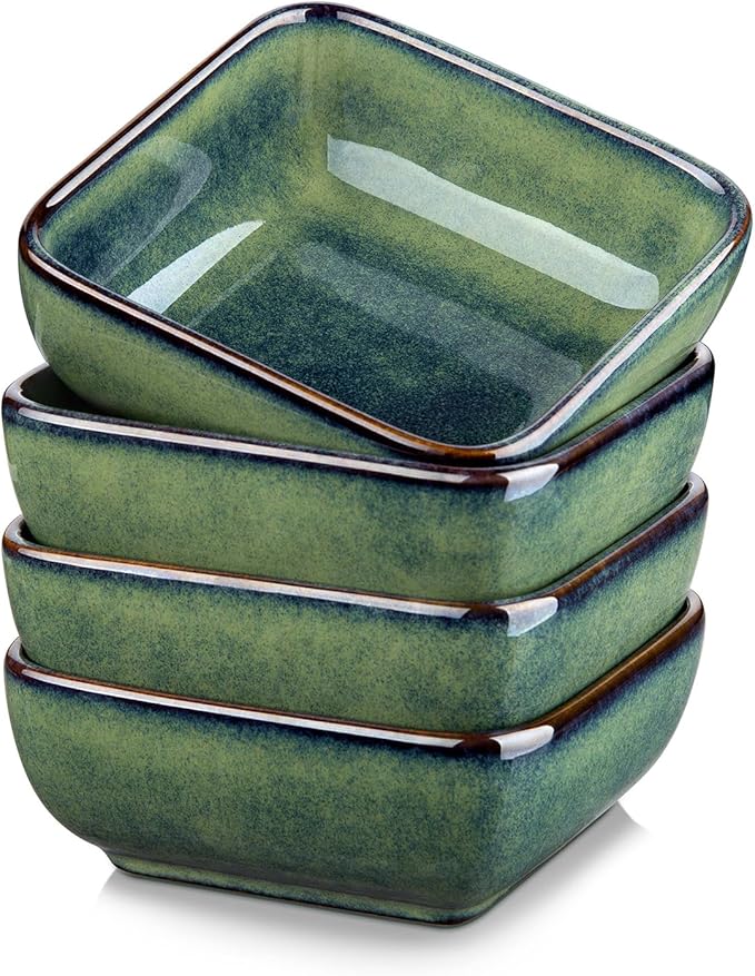 vancasso Stern 6 Oz Dipping Bowls, 3.7 Inches Ceramic Soy Sauce Dish, Square Side Dishes, Small Appetizer Plates Set of 4, Green