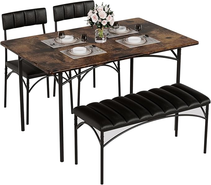 4 EVER WINNER Dining Table Set for 4, Kitchen Table with Upholstered Bench and 2 Chairs, Dining Room Table Set for Small Space, Apartment, Kitchen, Rustic Brown