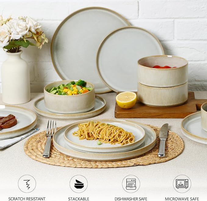 Stoneware Dinnerware Sets for 4, Stoneware Plates and Bowls Set, 12-Piece Ribbed Dishes – Chip & Scratch Resistant, Microwave and Dishwasher Safe Tableware, Reactive White