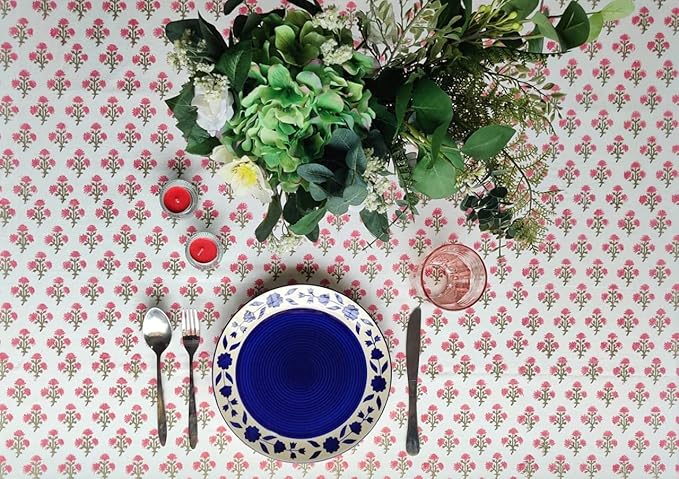 ATOSII Gulbahar White Pink 100% Cotton Spring Summer Square Tablecloth, Handblock Print Floral Table Cloth for Kitchen Dining Linen I Weddings, Outdoors, Easter 60 X 60 Inches I 4 Seater