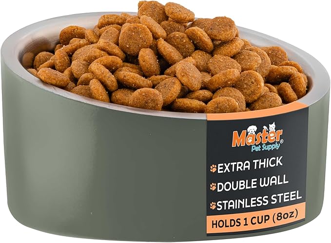 Master Pet Supply Stainless Steel Slanted Dog Cat Food Bowl - 8 oz Heavy Duty - Camo Patrol, Double Wall Insulated, Non-Slip Elevated Bowl for French Bulldogs Pugs Cats, Anti Rust Dishwasher Safe