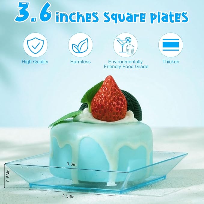 Zhehao 100 Pcs Plastic Dessert Appetizer Plates Disposable, 3.6 x 3.6 Inch Small Square Plastic Dessert Cake Plate for Party, Valentine's Day Wedding Birthday Bridal Baby Shower Supplies (Blue Clear)