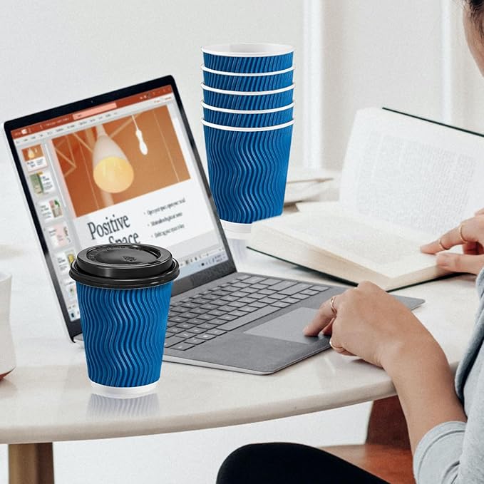 100 Pack Coffee Cups with Lids 10 oz, Disposable Insulated Ripple Wall To Go Paper Coffee Cups for Hot/Cold Drinks Office Home Shop Event (Navy)
