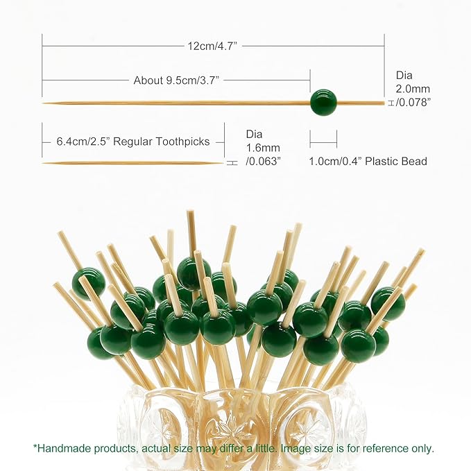 Minisland Dark Green Pearl Cocktail Picks, 4.7 Inch Long Bamboo Fancy Toothpicks for Appetizers, Decorative Christmas Holiday Party Food Drink Garnish Fruit Kabob Skewer Sticks 100 Counts - MSL452