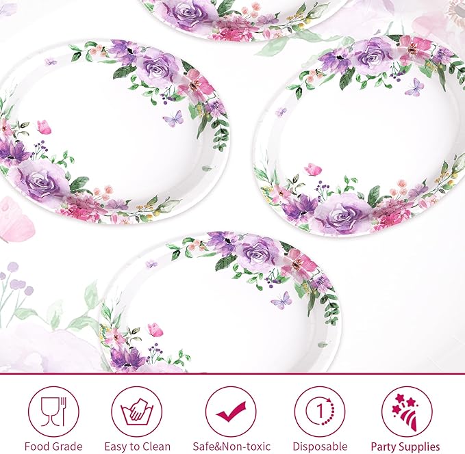 50Pcs Floral Oval Paper Plates 10" x 12" Large Heavy Duty Disposable Watercolor Purple Floral Butterfly Paper Plates Spring Rose Flower Dessert Platters for Bridal Shower Wedding Supplies Decorations
