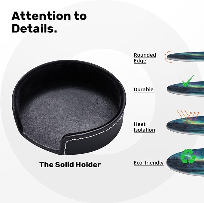 Northern Lights Coasters for Drinks with Holder Round Leather Coasters Set of 6 Cups Mugs Mat Pad for Home Kitchen Bar