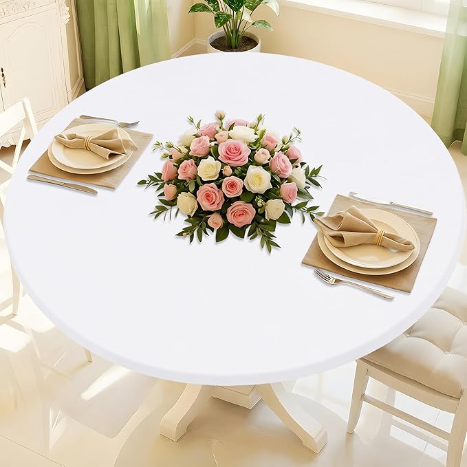 Round Spandex Tablecloth, Elastic Fitted Waterproof Tablecloths for 45"-56" Tables, Stretch Washable Picnic Table Cover for Camping, Dining, Indoor and Outdoor, White