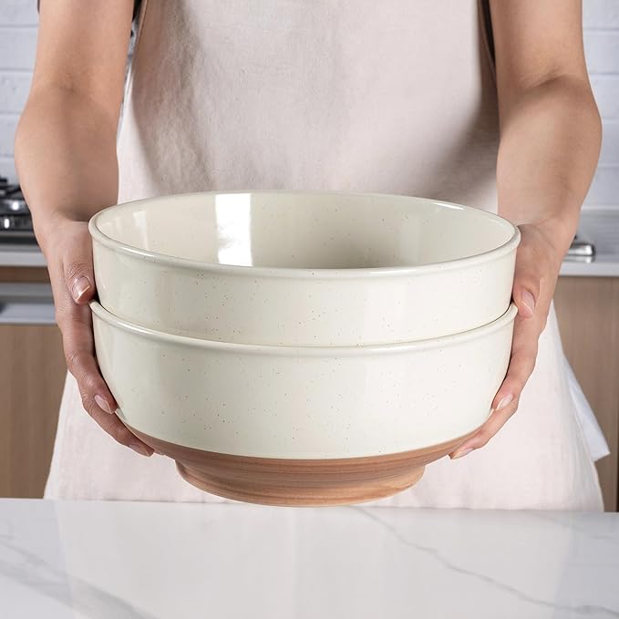 AmorArc 9.8’’ Ceramic Serving Bowls, 90 OZ Extra Large Salad Bowls Set of 2, Stoneware Oversized Bowls with Rustic Terracotta Underside for Salad, Soup and Dinner. Large Bowls for Entertaining &Gift