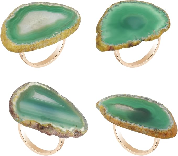 CozyTower Agate Napkin Rings Set of 4, Gold Napkin Holders for Cloth Napkins, Unique Wedding Decorations Napkin Ring Kitchen Accessories for Dinner Party (Green Agate)