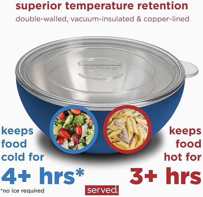 served Large Insulated Serving Bowl with Lid (100oz/3QT) - Double-Walled Stainless Steel Bowl for Hot & Cold Food - Vacuum Insulated, Spill-Resistant Thermal Bowl for Parties, Casseroles, Tailgates