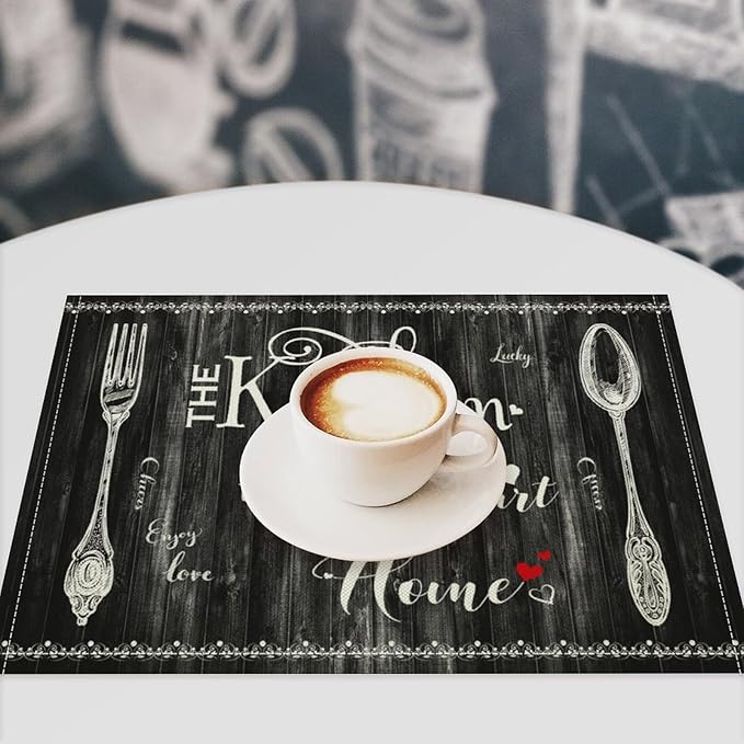 Vintage Farmhouse Placemat Set, Minimal Black White Rural Plank Art Sketch Cutlery Knife Fork Inspirational Quotes Pattern Home Decor Linen Table Mats for Dining Room Kitchen Party (17x12in) x4P