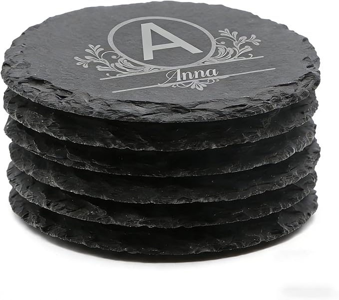6 Pieces Slate Drink Coasters, 4 Inch Personalized Black Coasters Stone Coaster Set, Laser Engraving Blanks, Scratch Resistant Bottom, Home Office Kitchen Housewarming Gifts Wedding Party,Round