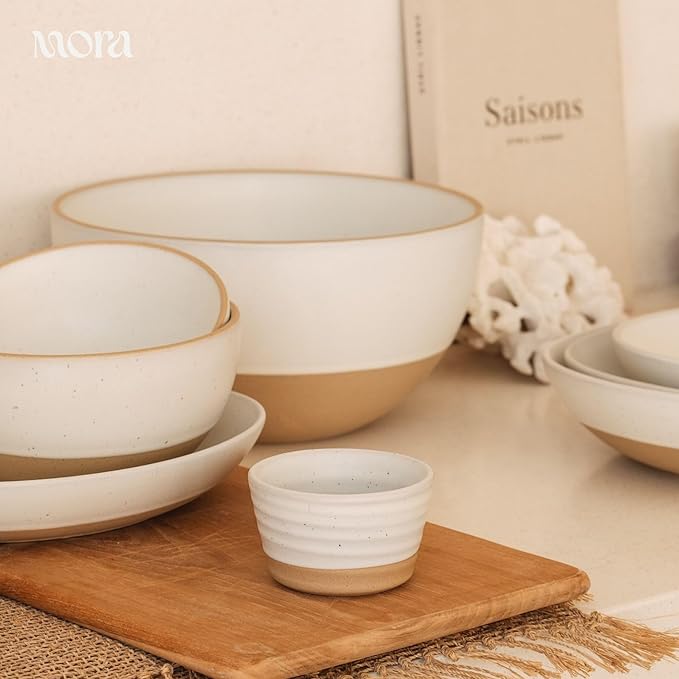 MORA Jumbo and Large Bowls Set of 2, 2.5 and 1.5 Qt Ceramic Pottery Mixing Bowls - Microwave and Dishwasher Safe - Oat