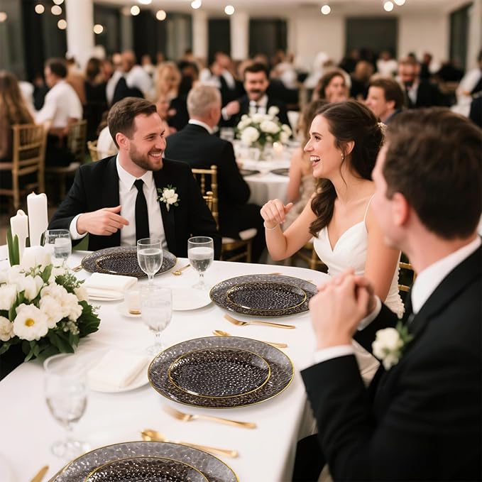 DaYammi 60 Pieces Black Gold Plastic Plates - 10 inch Clear Dinner Plates - Hammer Pattern Design - Fancy Clear Black and Gold Disposable Plates for Party and Wedding