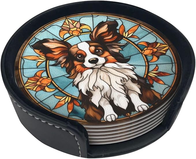 Drink Coaster Set of 6, Papillon Dog Mom Lover Gift,Leather Drink Coasters with Holder,6 Pack Cup/Bar/Drink Coasters for Table/Drinks/Coffee Protection Housewarming Gift