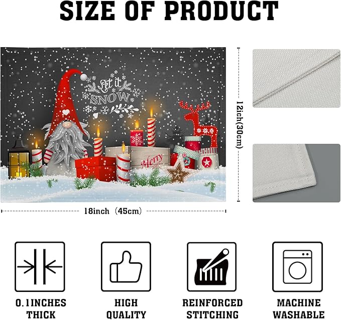 Giwawa Christmas Gnome Placemats, Xmas Elf Reindeer Place Mat for Kitchen Dining, Winter Snowflakes Non-Slip Washable Table Mats for Tabletop Holiday Camping Decor, Set of 4, 12"x18"