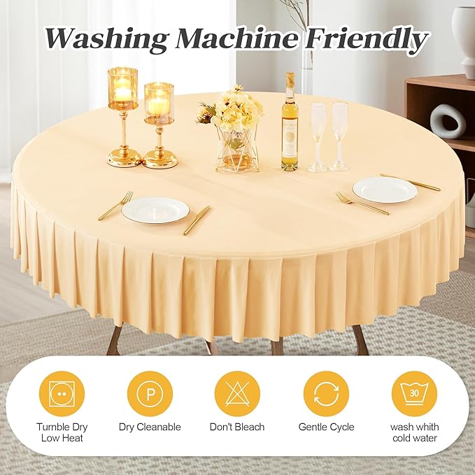 8 Pack Champagne Spandex Round Tablecloths for 60 inch Tables, Stretchy Fitted 5FT Round Table Cloths with Skirt for Wedding Party Dining Banquet