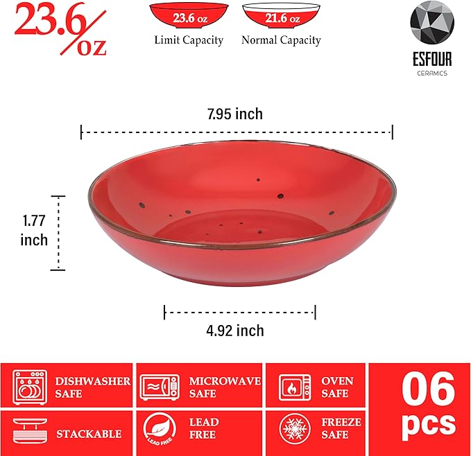 Esfour 7.95 Inch Porcelain Pasta Bowl, 23.6 Ounces Salad Bowls, Microwave & Dishwasher Safe, Sturdy & Stackable, Set of 6 Ceramic bowls Plates Set, Wide Shallow salad Bowls Set, Vivid Assorted Colors