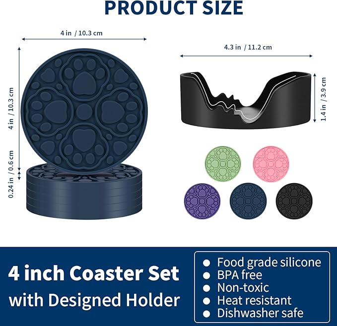 Blue Silicone Coasters with Holder, 4 Inch Non-Slip Coffee Round Cup Mats, Modern Bar Coaster Set of 6 for Desk, Table, Drink, Beer, Berverage - Dishwasher Safe