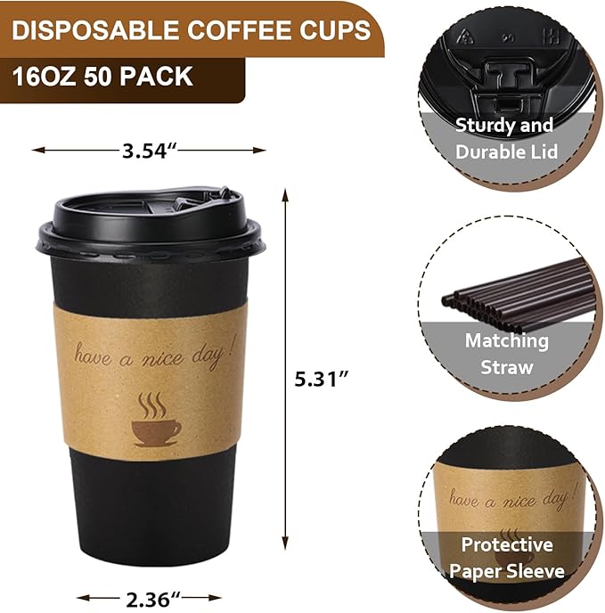 50 Pack 16 oz Disposable Coffee Cups with Lids, Paper Hot Coffee Cups with Sleeve and Straw, To Go Cups for Home, Office, and Party (Black 16oz)