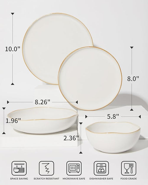 24 Pieces Dinnerware Set for 6 with Pasta Bowls, Complete Ceramic Dish Set, Stackable & Glossy Stoneware Plate and Bowl Set for Effortless Everyday Hosting, White