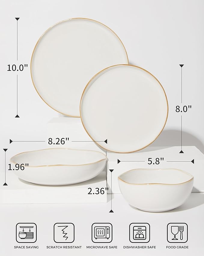 Plates and Bowls Sets, 16 Pieces Dinnerware Set for 4 with Pasta Bowls, Handmade Dishes Set, Chip Resistant Dishware Sets, Microwave Safe Dinner Set, Designed for Interactive Meals, White