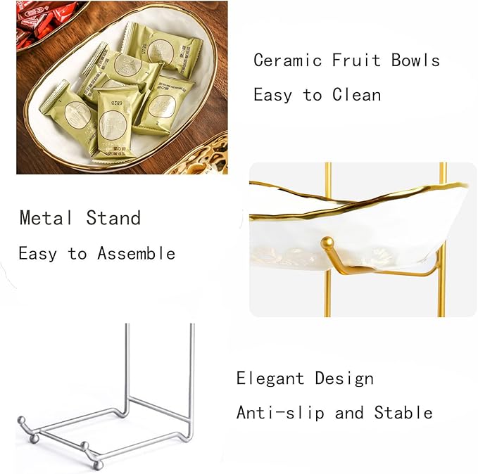 2-Tier Fruit Bowls for Kitchen Counter,Ceramic Bowl with Silver Metal Stand,2 Tier Fruit Basket for Fruit,Snack,Cake,Nuts,Dessert Space Saving Storage