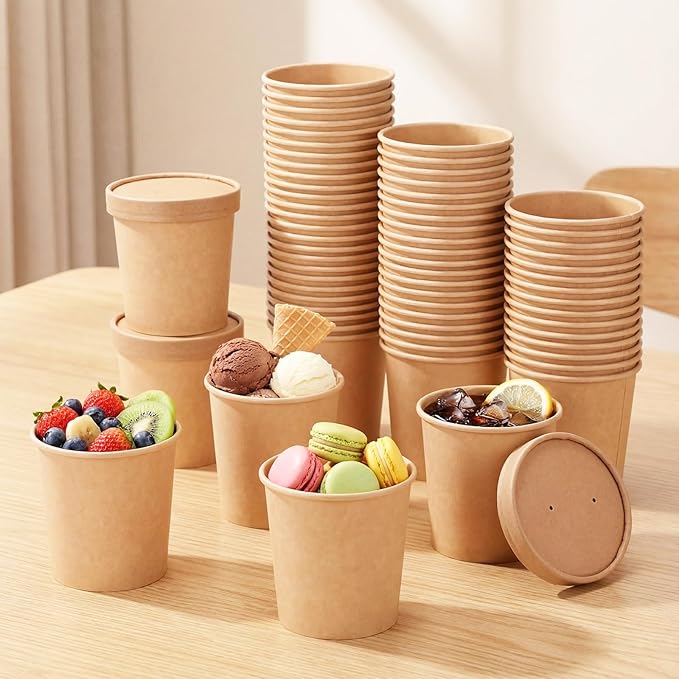Fulmoon 100 Pack Paper Soup Containers with Lids Disposable Paper Food Containers with Vented Lid Kraft Ice Cream Cake Dessert Cups Soup Bowl for Party Hot Food Fruit Microwave(16 oz,Brown)