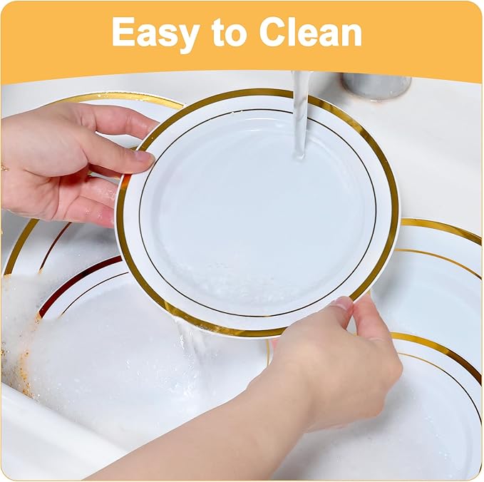 200 PCS Gold Plastic Plates Disposable, White and Gold Plastic Plates Include 100 Dinner Plate and 100 Dessert Plate Perfect for Holiday, Party & Wedding