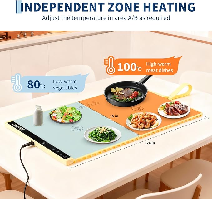 Garvee Electric Food Warming Mat for Countertop, 24x15 in, Dual Zone Control, Portable Silicone Food Warmer Pad Tray with Timer & 6 Temp Levels for Buffet Party, Easy to Clean, Beige