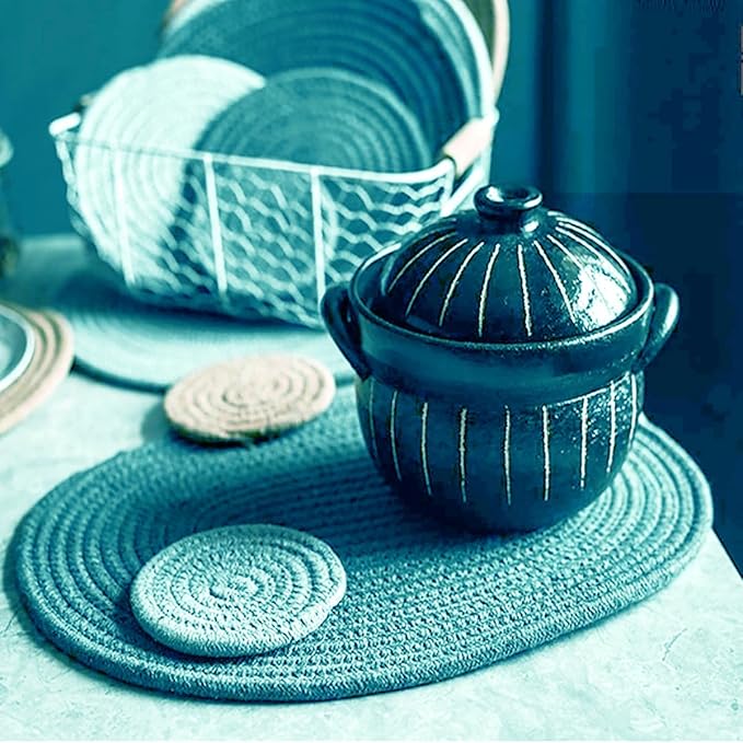 Braided Placemats Set of4 Cotton Fabric Oval Table Mats Non Slip Washable 16 * 12 inch Oval Place Mats, 4 Pack Grey Woven Placemats