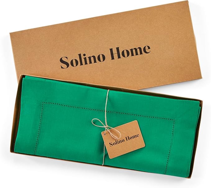 Solino Home Linen Emerald Green Hemstitch Table Runner 60 Inches - 100% Pure Linen Small Table Runner 14 x 60 Inch Ideal for Dresser and Coffee Tables - Classic Hemstitch - St Patricks Day