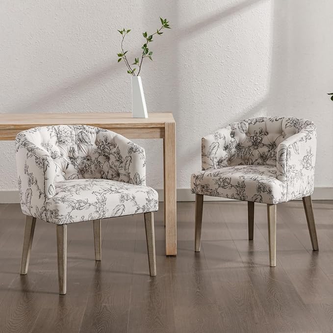 Mid-Century Dining Chairs Set of 2, Tufted Upholstered Linen Dining Room Chairs Comfy Side Chair Armchair Guest Chair with Wooden Legs for Dining Room Living Room, Floral Pattern