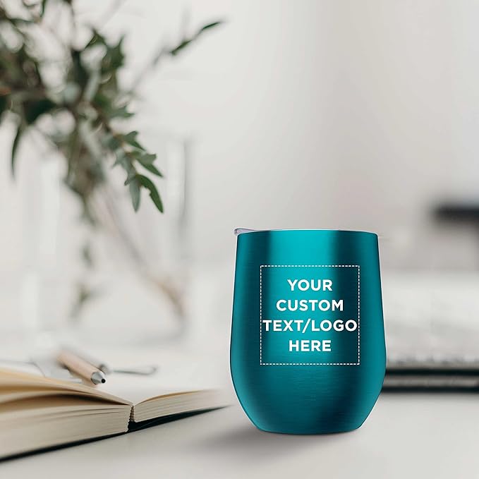 Custom Stemless Wine Glass Tumblers with Lids by Largo 11 oz. Set of 6, Personalized Bulk Pack - Perfect for Wine, Cocktails, Other Hot & Cold Beverages - Teal