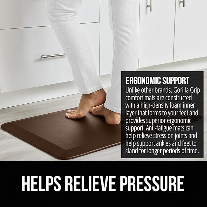 GORILLA GRIP Comfortable Cushioned Kitchen Mats for Floor, 48x20, Waterproof and Stain Resistant Soft Top, 3/4 Inch Thick Ergonomic Standing Desk Anti Fatigue Mat, Foam Supports Ankles and Feet, Brown