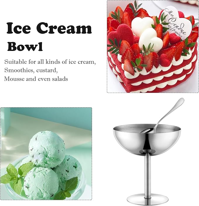 Ice Cream Bowls Stainless Steel Dessert Cups with Spoons Reusable Footed Sundae Cups Ice Cream Cups for Dessert, Frozen Yogurt, Gelato, Birthday Party Decorations (1, Silve)